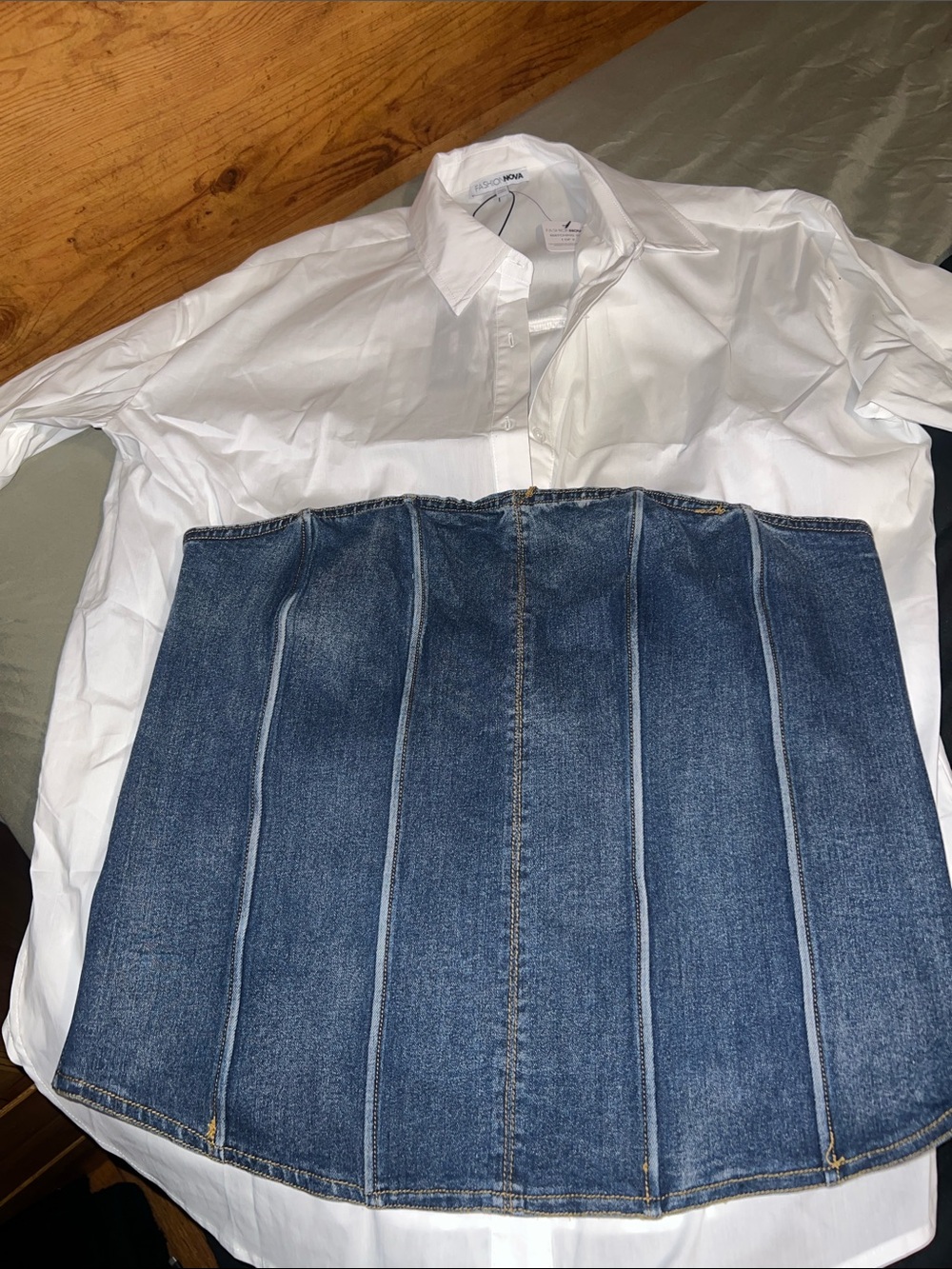 2 pc set Fitted Denim Corset Top in Indigo Blue and White Button Up - Picture 3 of 8